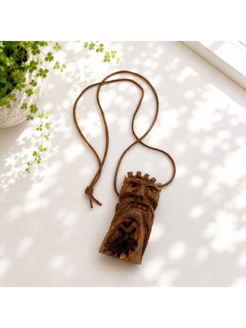 Hand-Carved Wooden Pendant Necklace With Rustic Tribal Design & Adjustable Leath